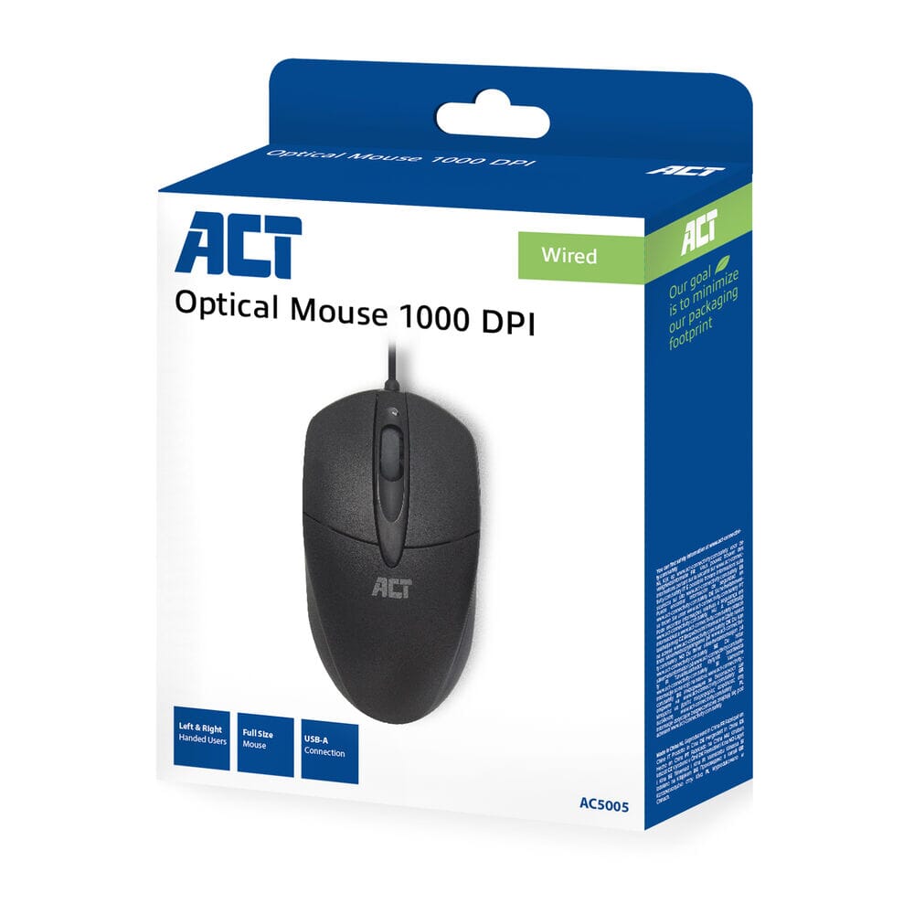 ACT Bekabelde Optische Muis, USB, 1000 DPI, zwart