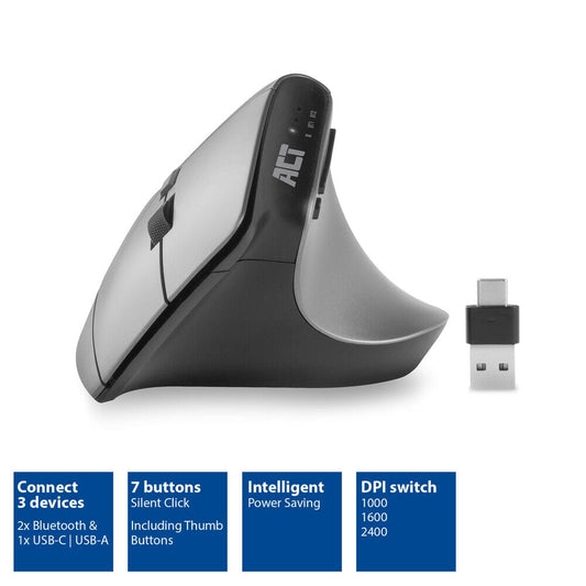 ACT Souris ergonomique sans fil avec Bluetooth et USB-C/USB-A