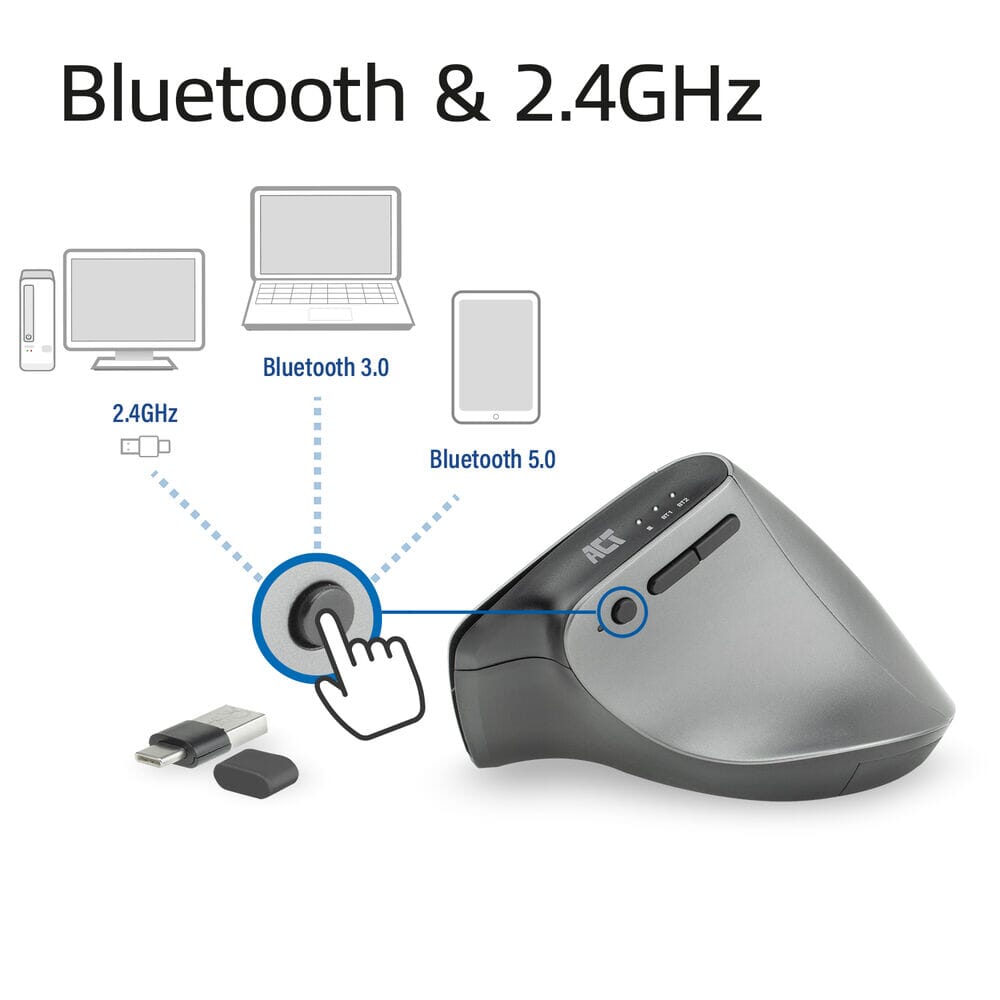 ACT Draadloze Ergonomische Muis met Bluetooth en USB-C/USB-A