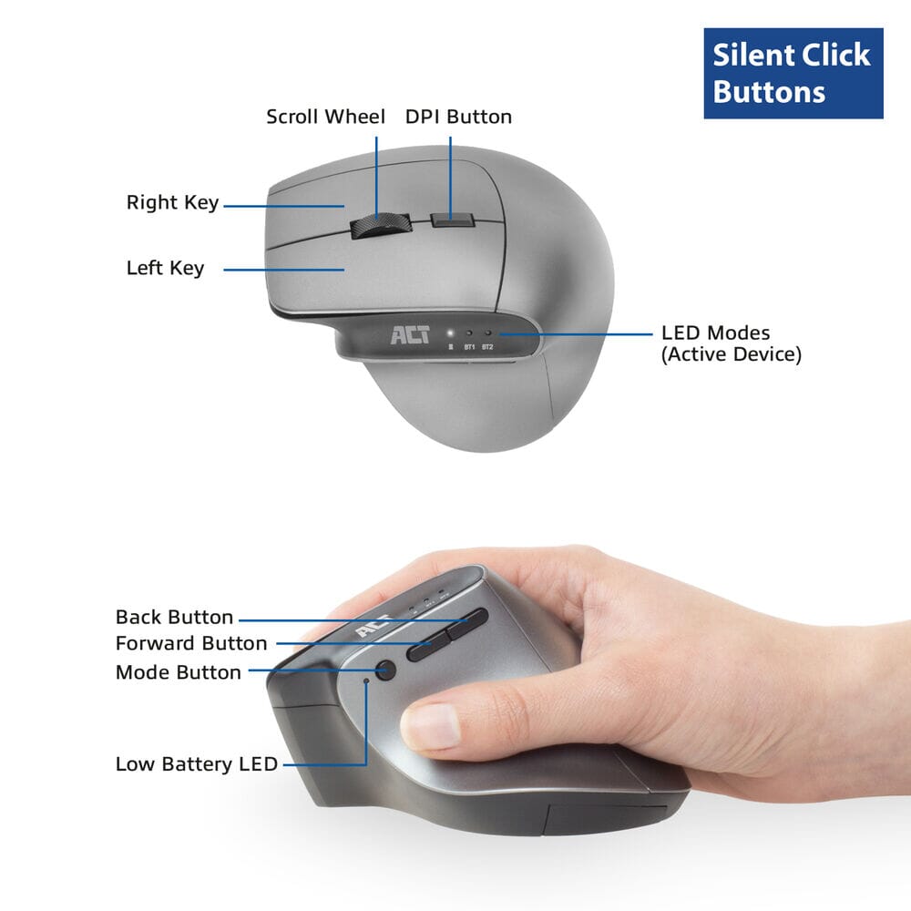 ACT Draadloze Ergonomische Muis met Bluetooth en USB-C/USB-A