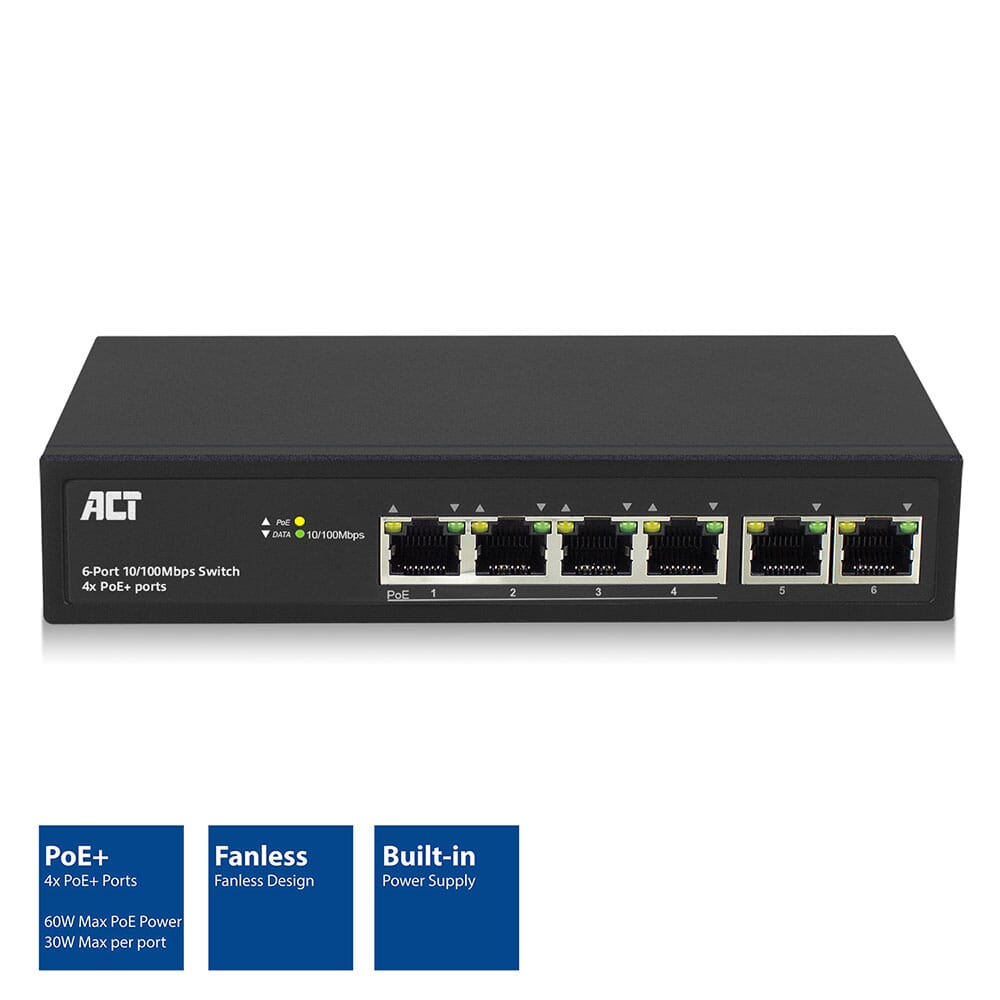 ACT 6 poorts netwerkswitch 10/100Mbps. 4x PoE+ (30W) poorten