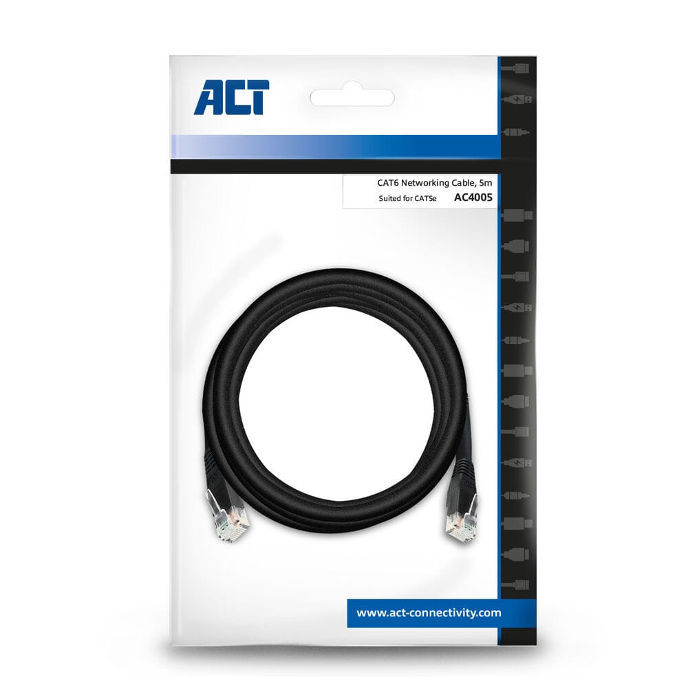 ACT Zwart 5,0 meter U/UTP CAT6 patchkabel met RJ45 Zip Bag