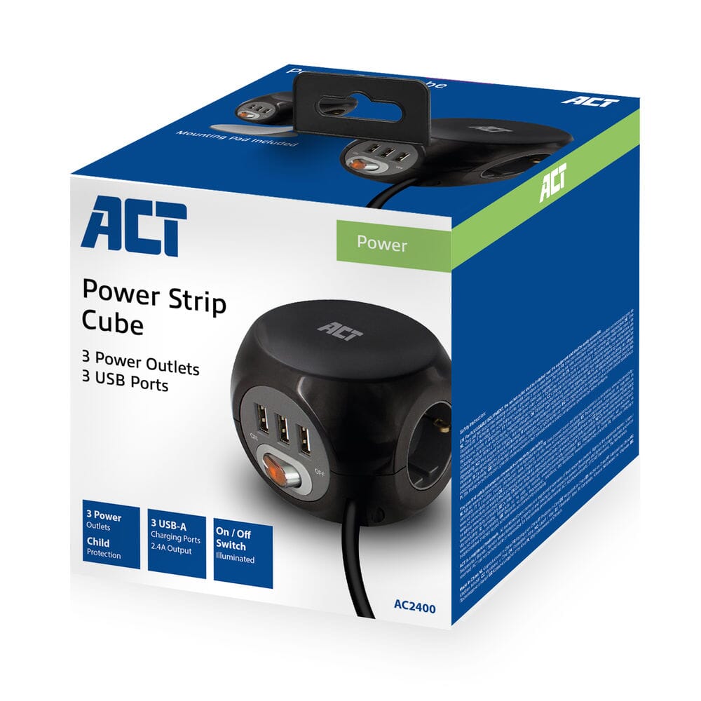 ACT Vierkante stekkerdoos (PDU) met 3 sockets type F 1,5m