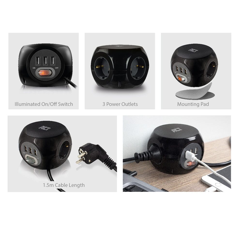 ACT Vierkante stekkerdoos (PDU) met 3 sockets type F 1,5m