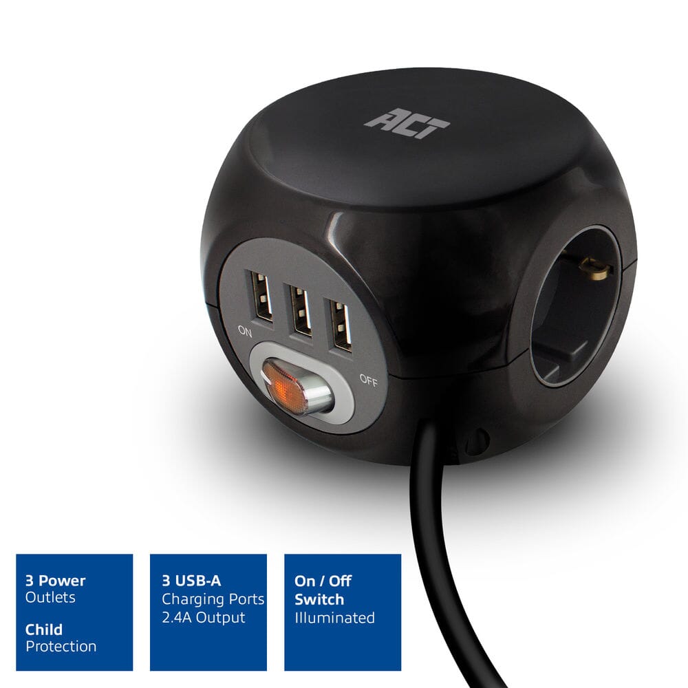 ACT Vierkante stekkerdoos (PDU) met 3 sockets type F 1,5m