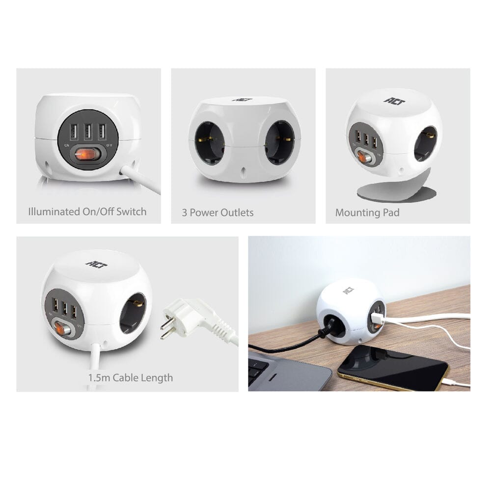 ACT Vierkante stekkerdoos (PDU) met 3 sockets type F 1,5m