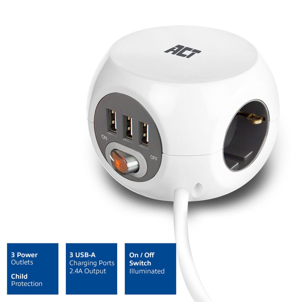 ACT Vierkante stekkerdoos (PDU) met 3 sockets type F 1,5m