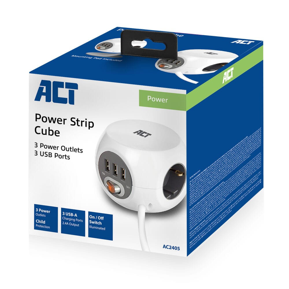 ACT Vierkante stekkerdoos (PDU) met 3 sockets type F 1,5m