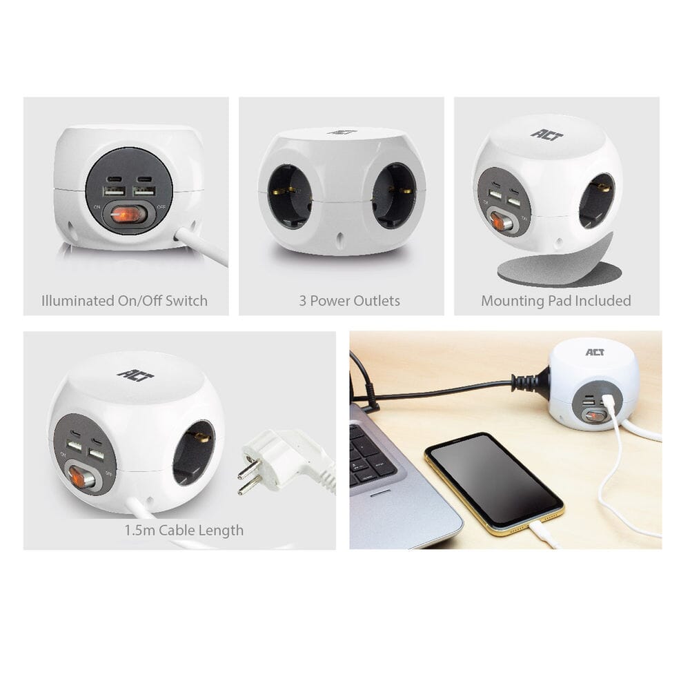 ACT Stekkerdoos met USB-C/A-poorten, 3 sockets, 1,5m, wit