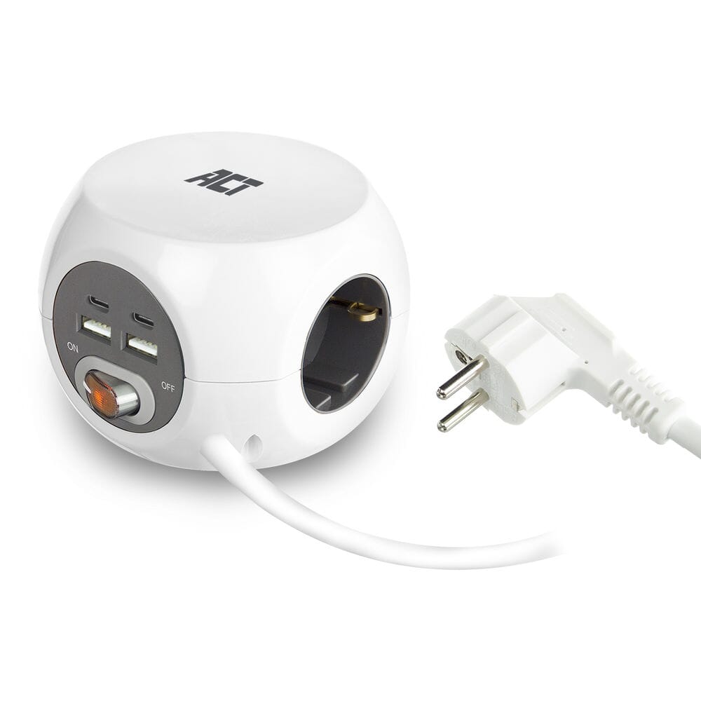 ACT Stekkerdoos met USB-C/A-poorten, 3 sockets, 1,5m, wit