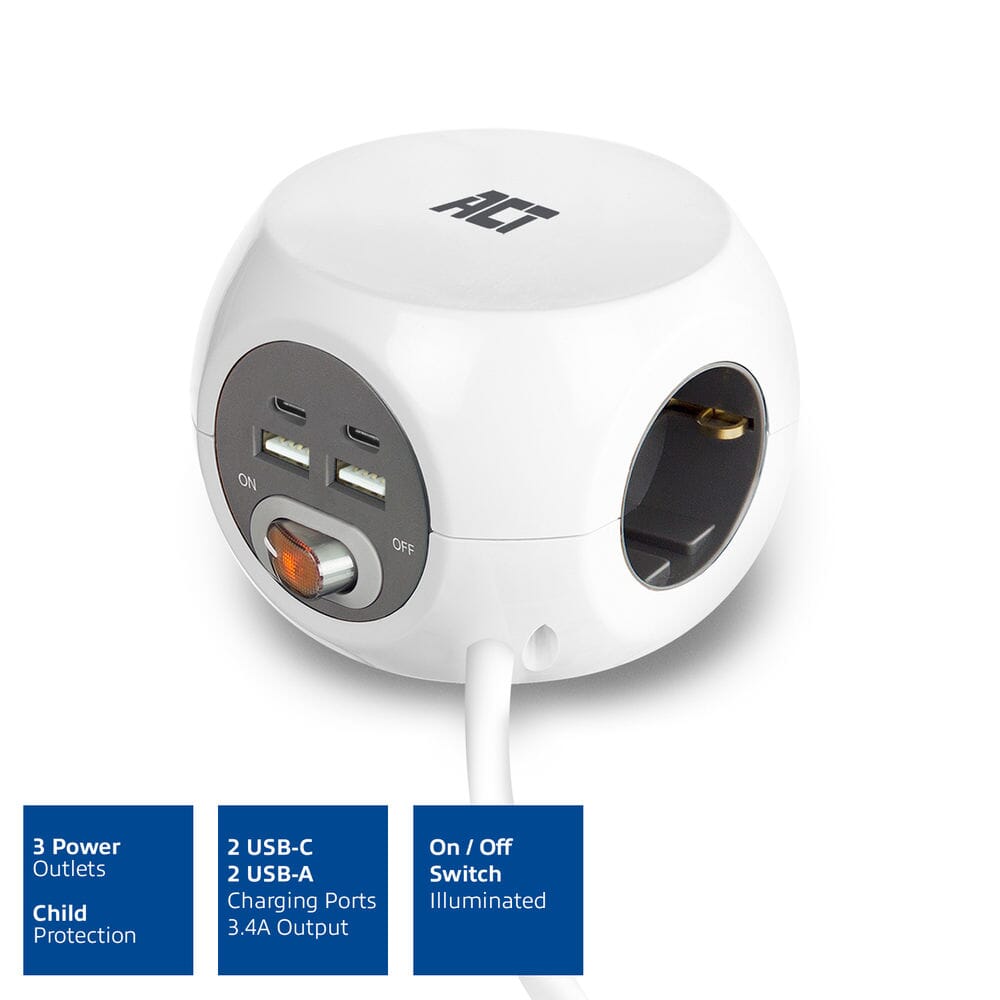 ACT Stekkerdoos met USB-C/A-poorten, 3 sockets, 1,5m, wit