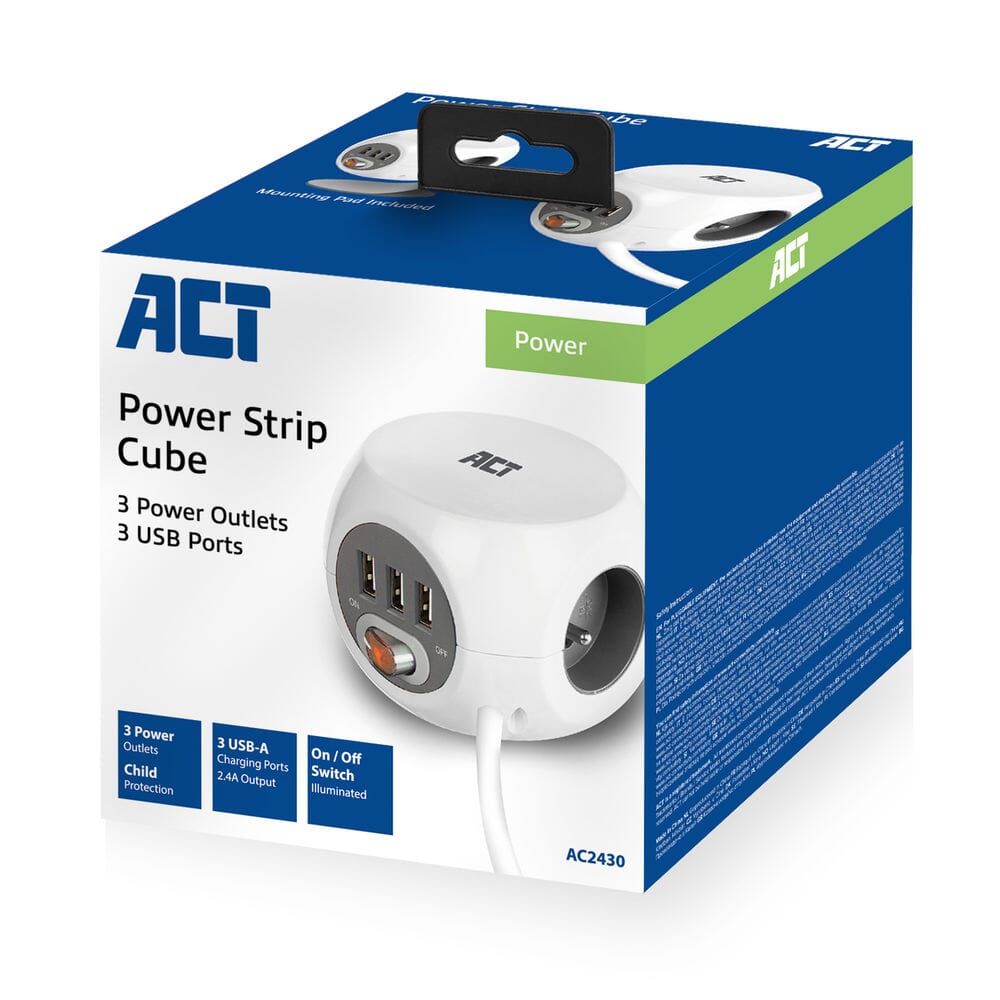 ACT Quadratische Steckdosenleiste (PDU) mit 3 Typ-E-Steckdosen, 1,5m