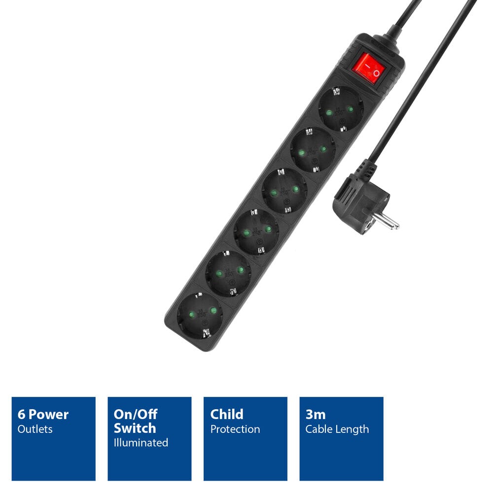 ACT Stekkerdoos met lichtgevende schakelaar, 6 sockets, 3 m
