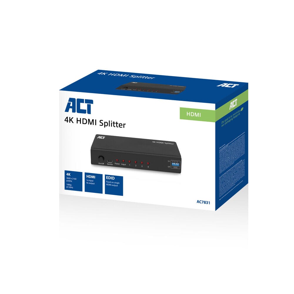 ACT 4K HDMI splitter, 1 in 4 out, EDID ondersteuning
