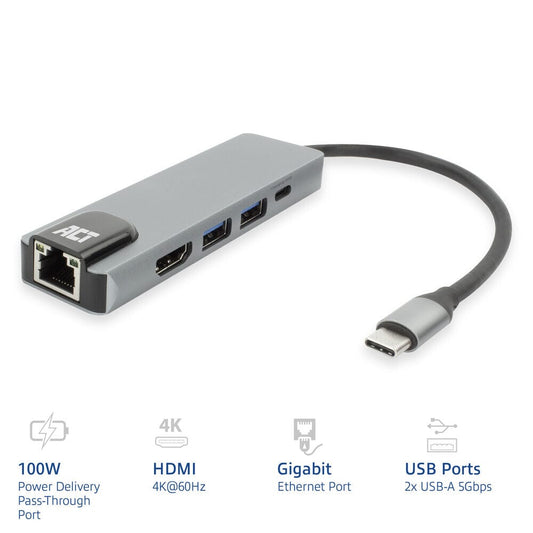 ACT USB-C 4K docking station for HDMI monitor, ethernet PD