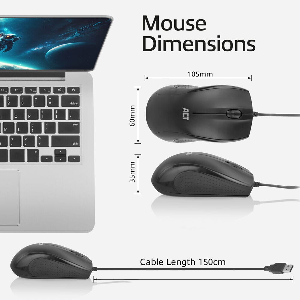ACT Wired full-size optical mouse 1000 DPI, silent click