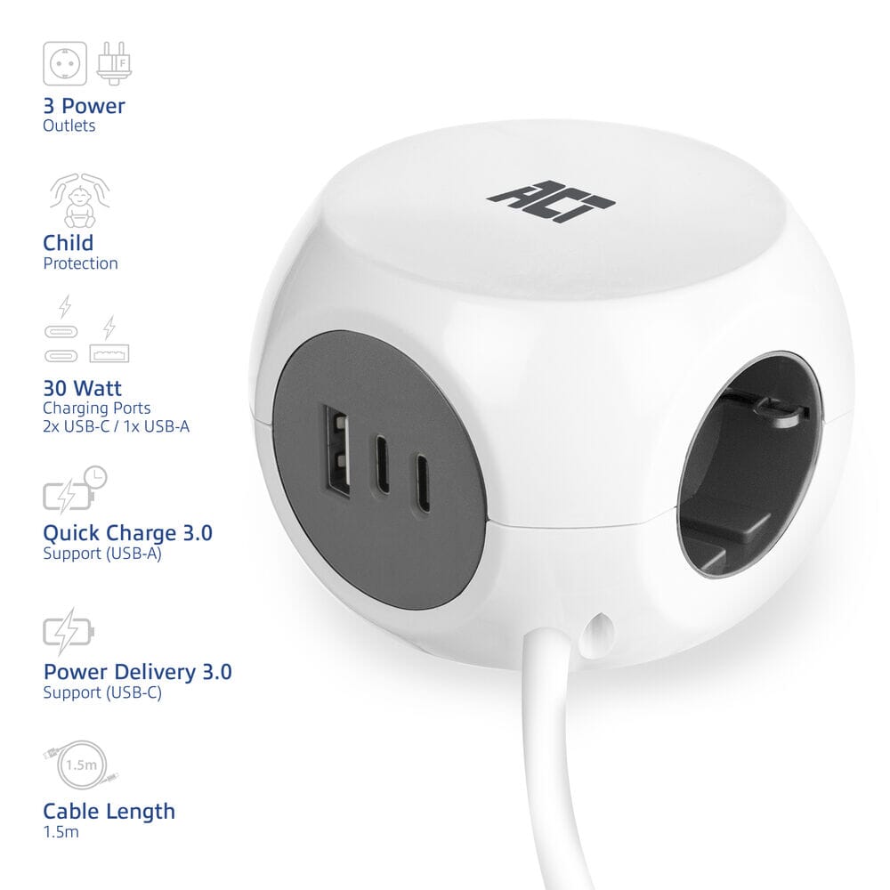 ACT Power strip cube with 3 sockets (type F), 30W PD