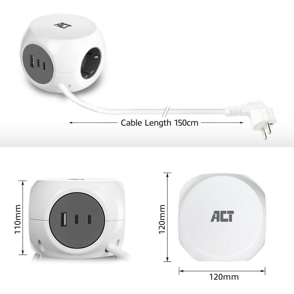 ACT Power strip cube with 3 sockets (type F), 30W PD