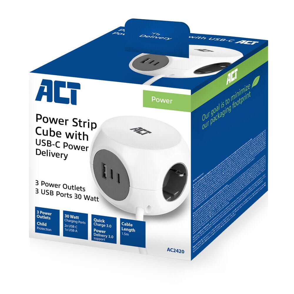 ACT Power strip cube with 3 sockets (type F), 30W PD