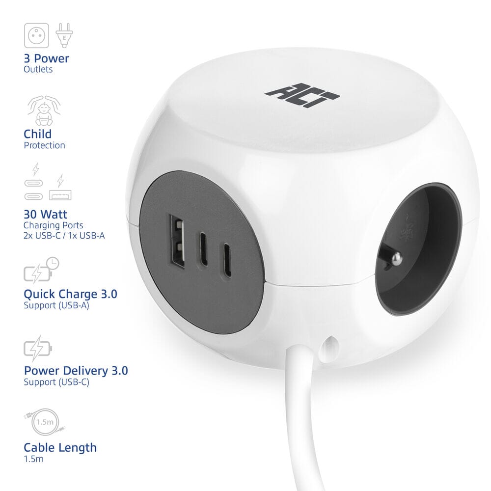 ACT Power strip cube with 3 sockets (type E), 30W PD