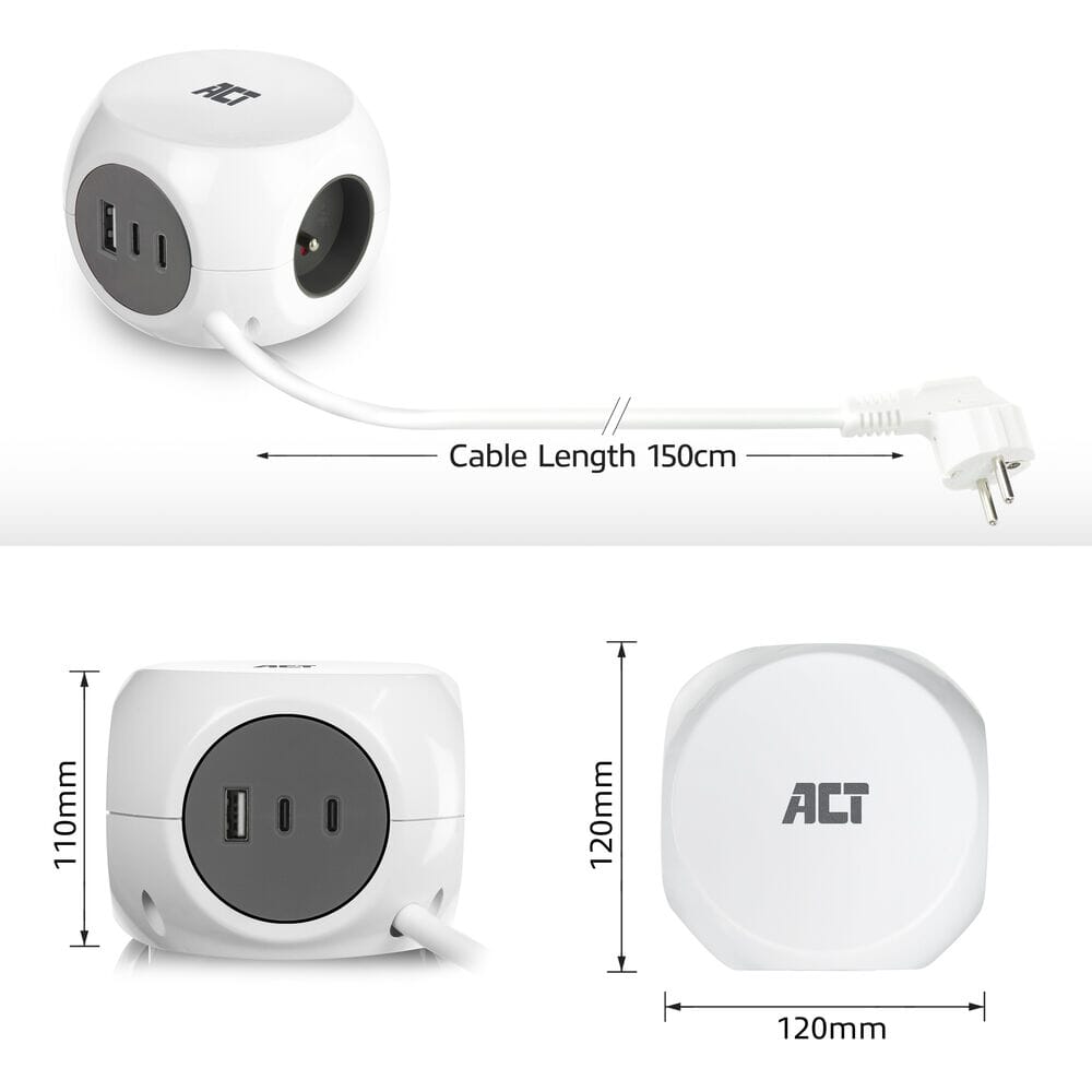 ACT Power strip cube with 3 sockets (type E), 30W PD