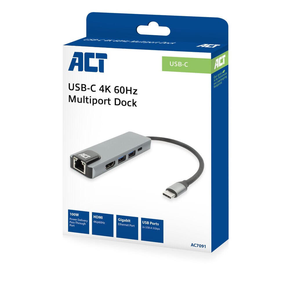 ACT USB-C 4K docking station for HDMI monitor, ethernet PD