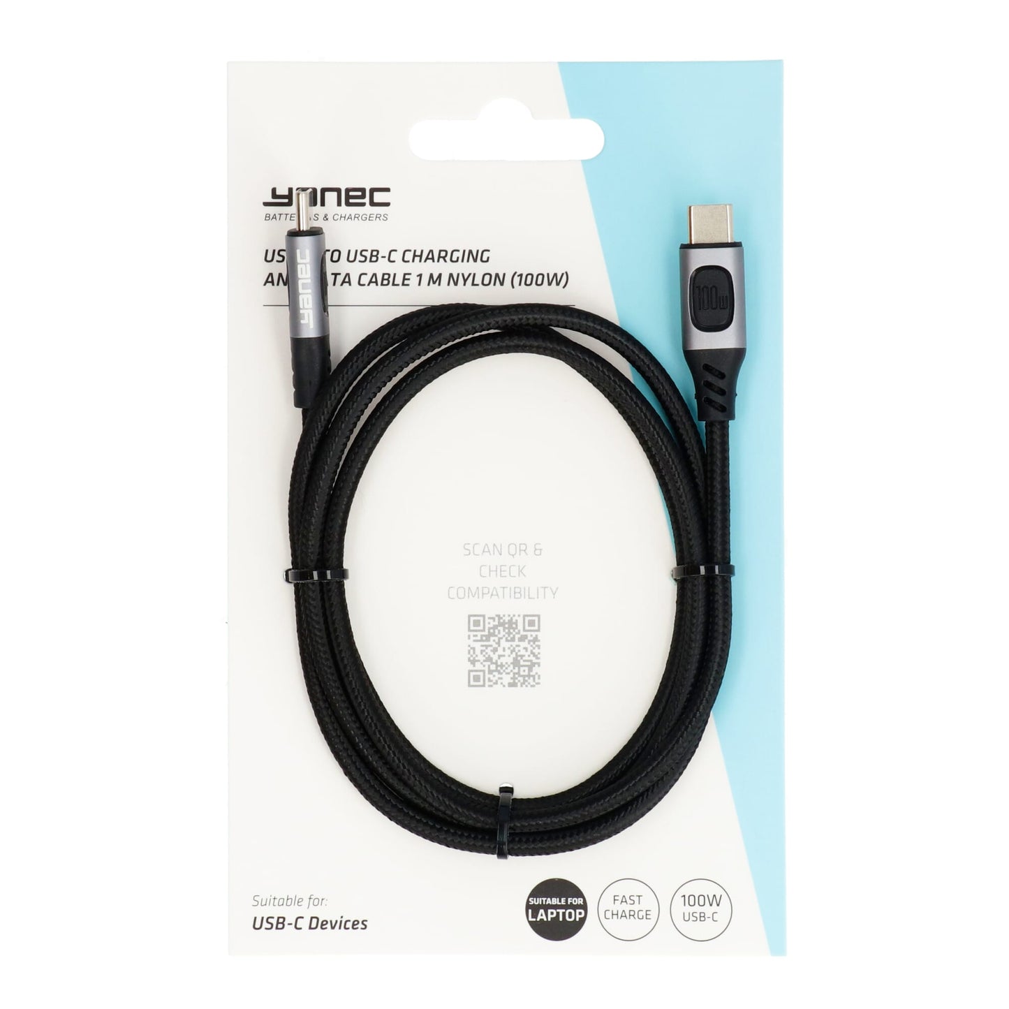 Yanec USB-C naar USB-C laad- en datakabel 1m nylon (100W)