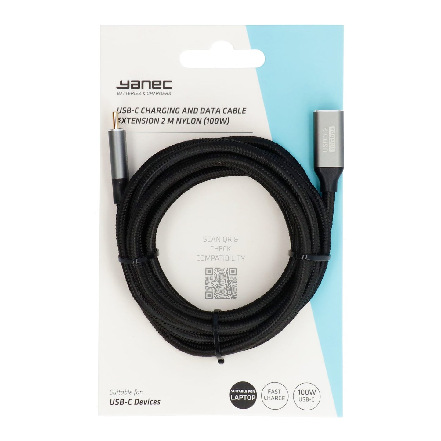 Yanec USB-C laad- en datakabel verlengkabel 2m nylon (100W)