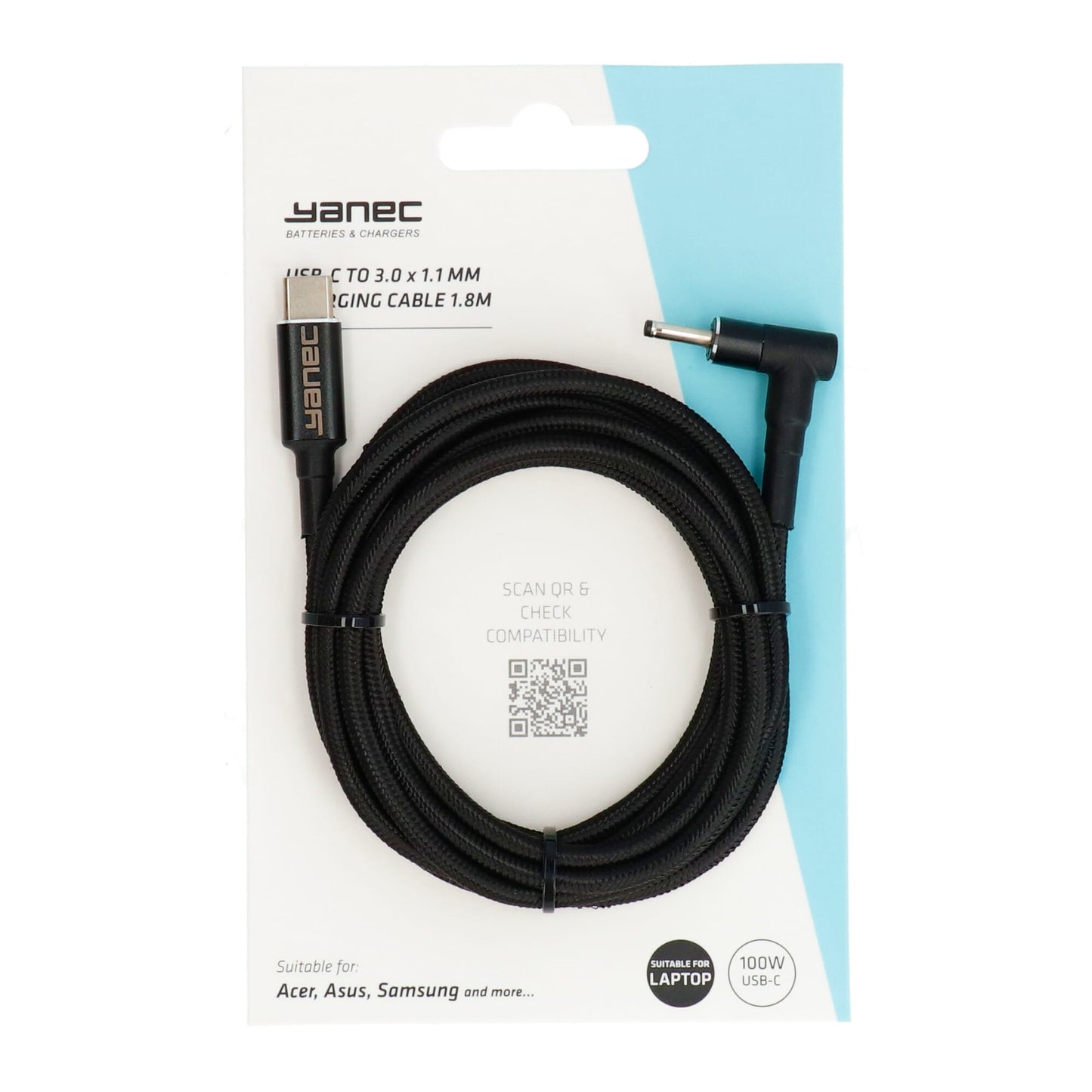 Yanec USB-C naar 3.0 x 1.1 mm laadkabel 1.8m
