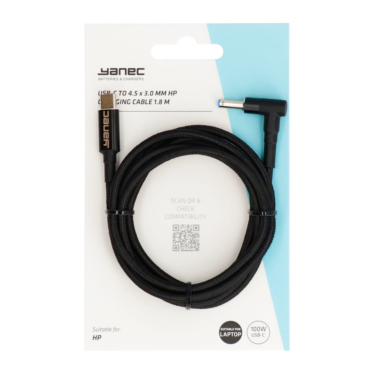 Yanec USB-C naar 4.5 x 3.0 mm HP laadkabel 1.8m