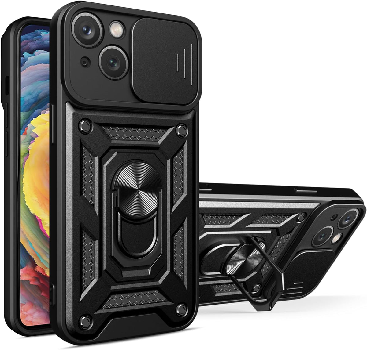 Camera slide hoesje met ring en stand functie Apple iPhone 14 zwart