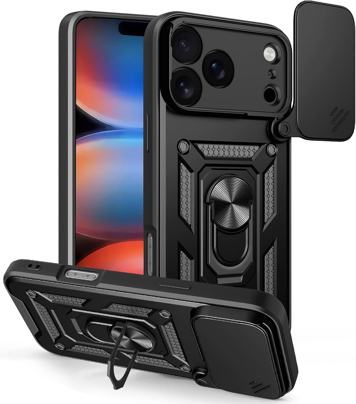 Camera slide hoesje met ring en stand functie Apple iPhone 17 Pro Max/18 Pro Max zwart