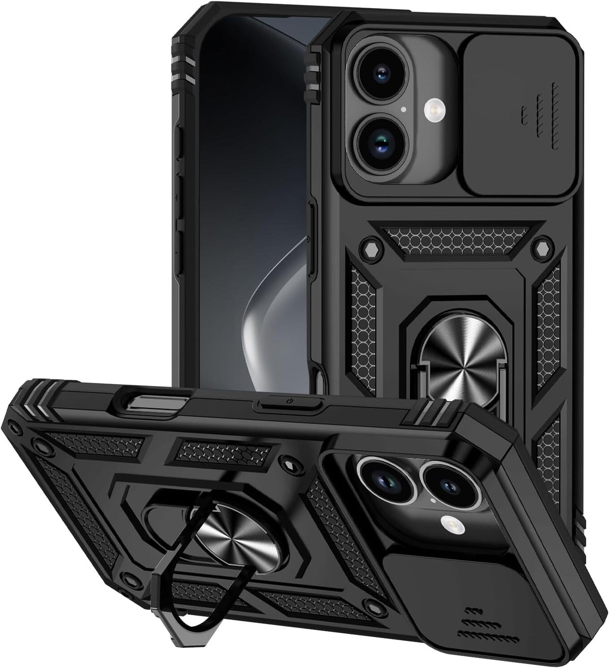 Camera slide hoesje met ring en stand functie Apple iPhone 17 zwart