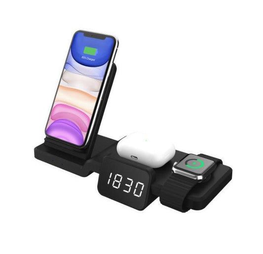 Draadloze laad dock met klok 1x telefoon - 1x Apple Watch - 1x AirPods - 1x USB