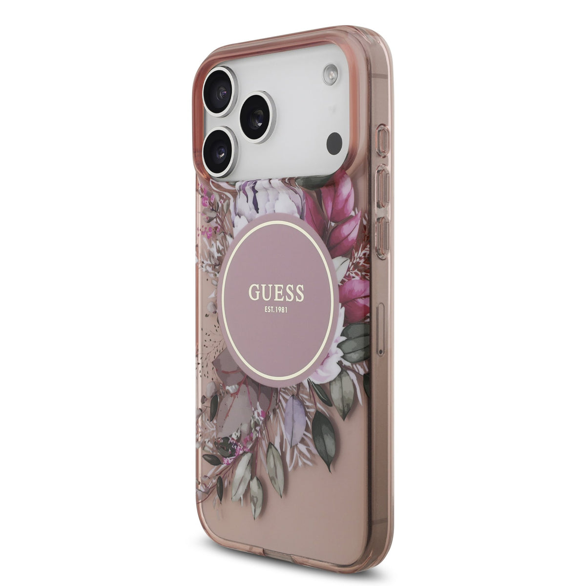 Guess IML Flowers Strap MagSafe Case iPhone 17 Pro Max/18 Pro Max Roze
