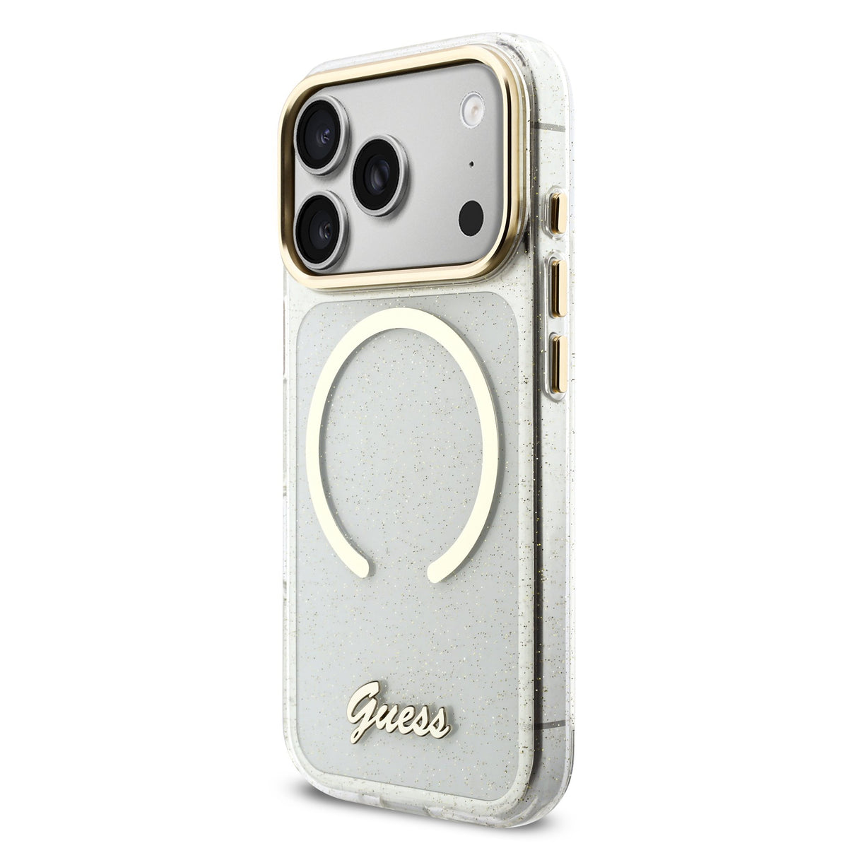 Guess IML Glitter Script Strap MagSafe Case iPhone 17 Pro/18 Pro Transparant