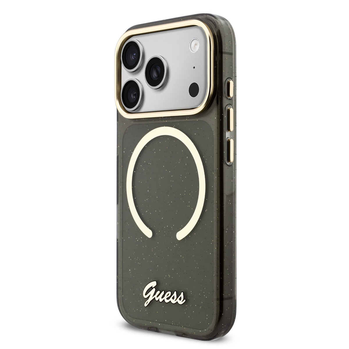Guess IML Glitter Script Strap MagSafe Case iPhone 17 Pro/18 Pro Zwart