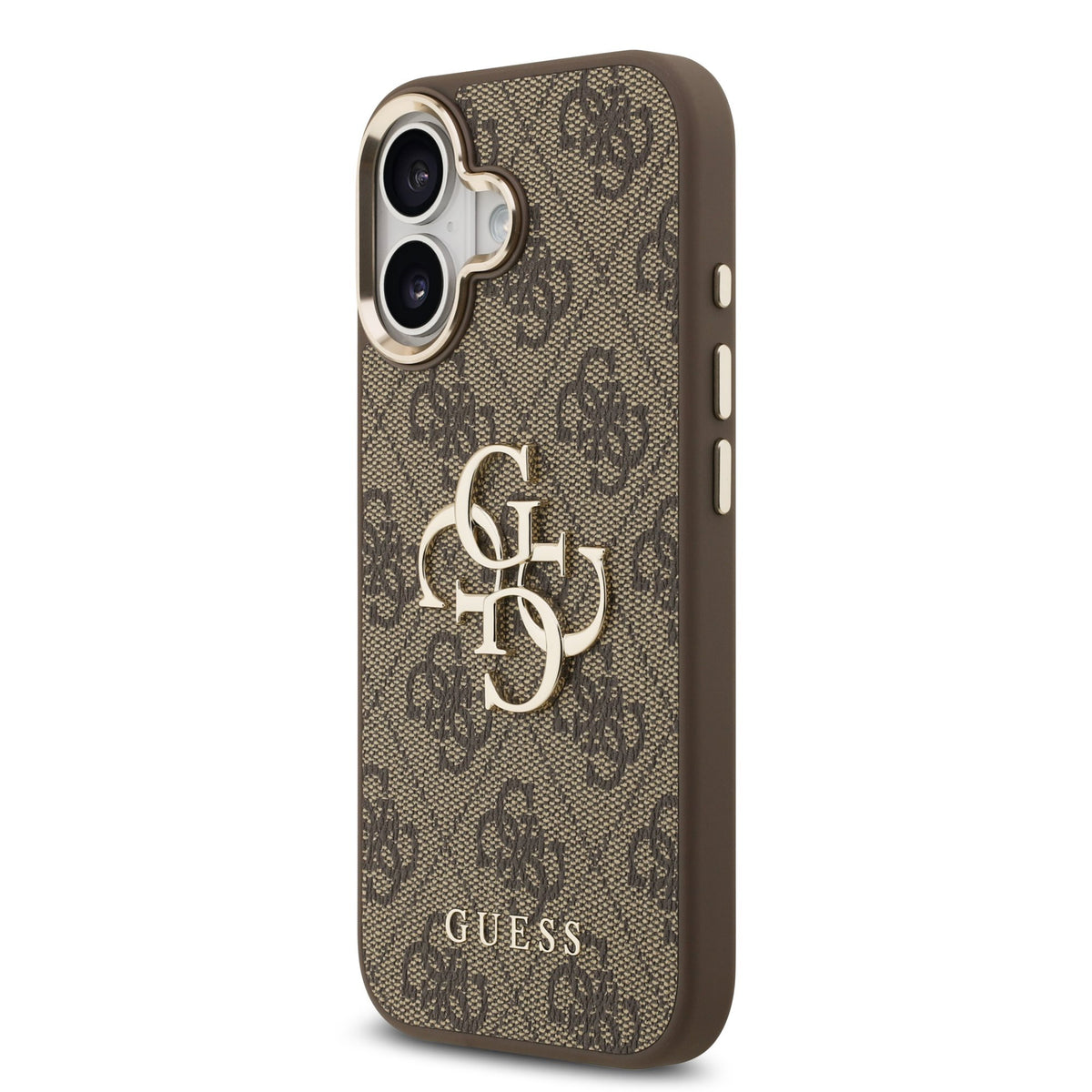 Guess PU Leather 4G Metal Logo Goud Frame Case iPhone 17 Bruin
