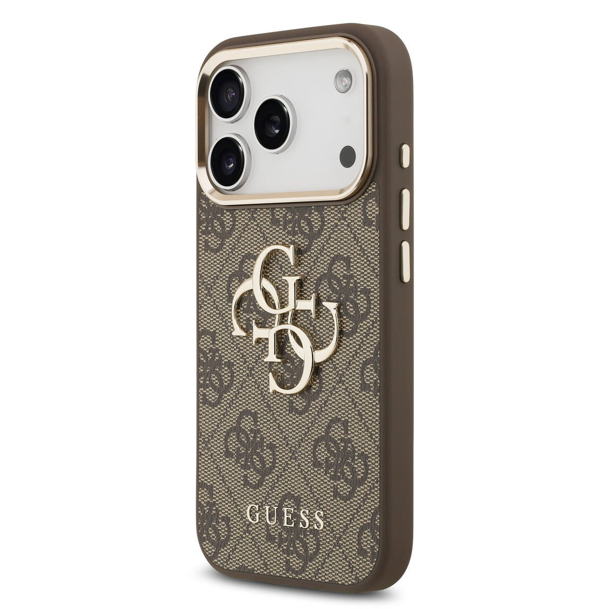 Guess PU Leather 4G Metal Logo Goud Frame Case iPhone 17 Pro Max/18 Pro Max Bruin