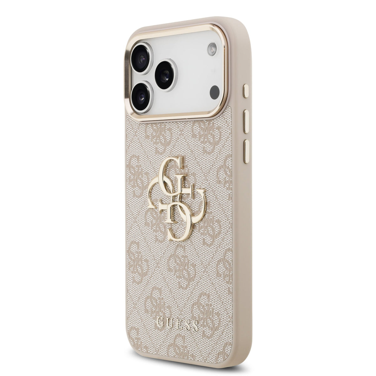 Guess PU Leather 4G Metal Logo Goud Frame Case iPhone 17 Pro Max/18 Pro Max Roze