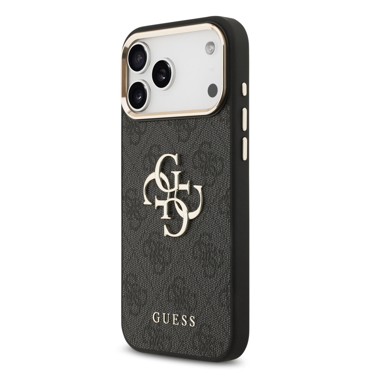 Guess PU Leather 4G Metal Logo Goud Frame Case iPhone 17 Pro Max/18 Pro Max Zwart