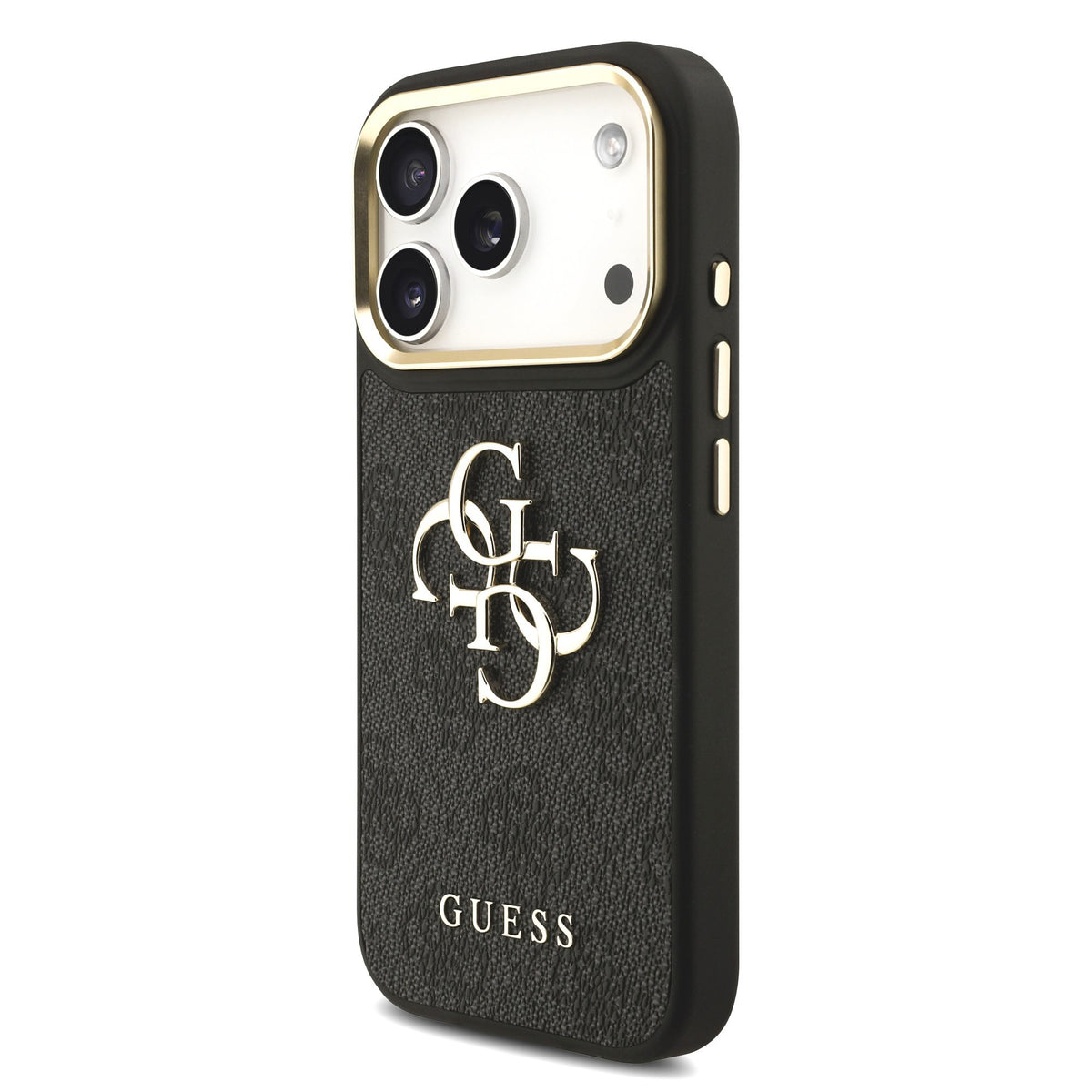 Guess PU Leather 4G Metal Logo Goud Frame Case iPhone 17 Pro/18 Pro Zwart