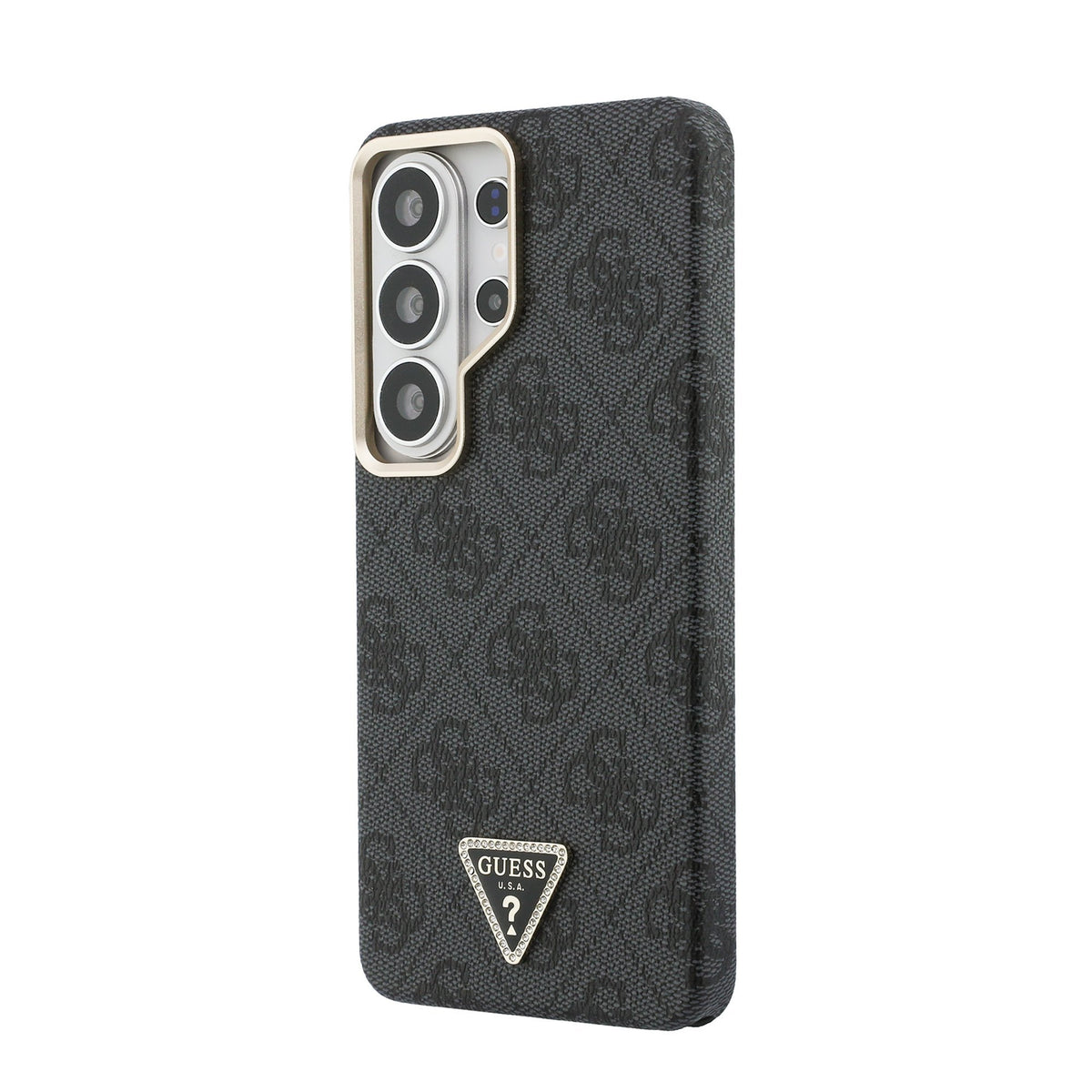 Guess PU Leather 4G Strass Triangle Logo Goud Frame Magnetic Case Samsung Galaxy S26 Ultra Zwart