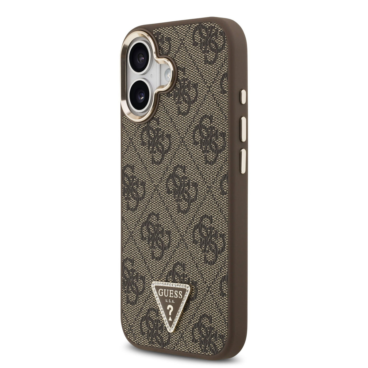 Guess PU Leather 4G Strass Triangle Logo Goud Frame MagSafe Case iPhone 17 Bruin