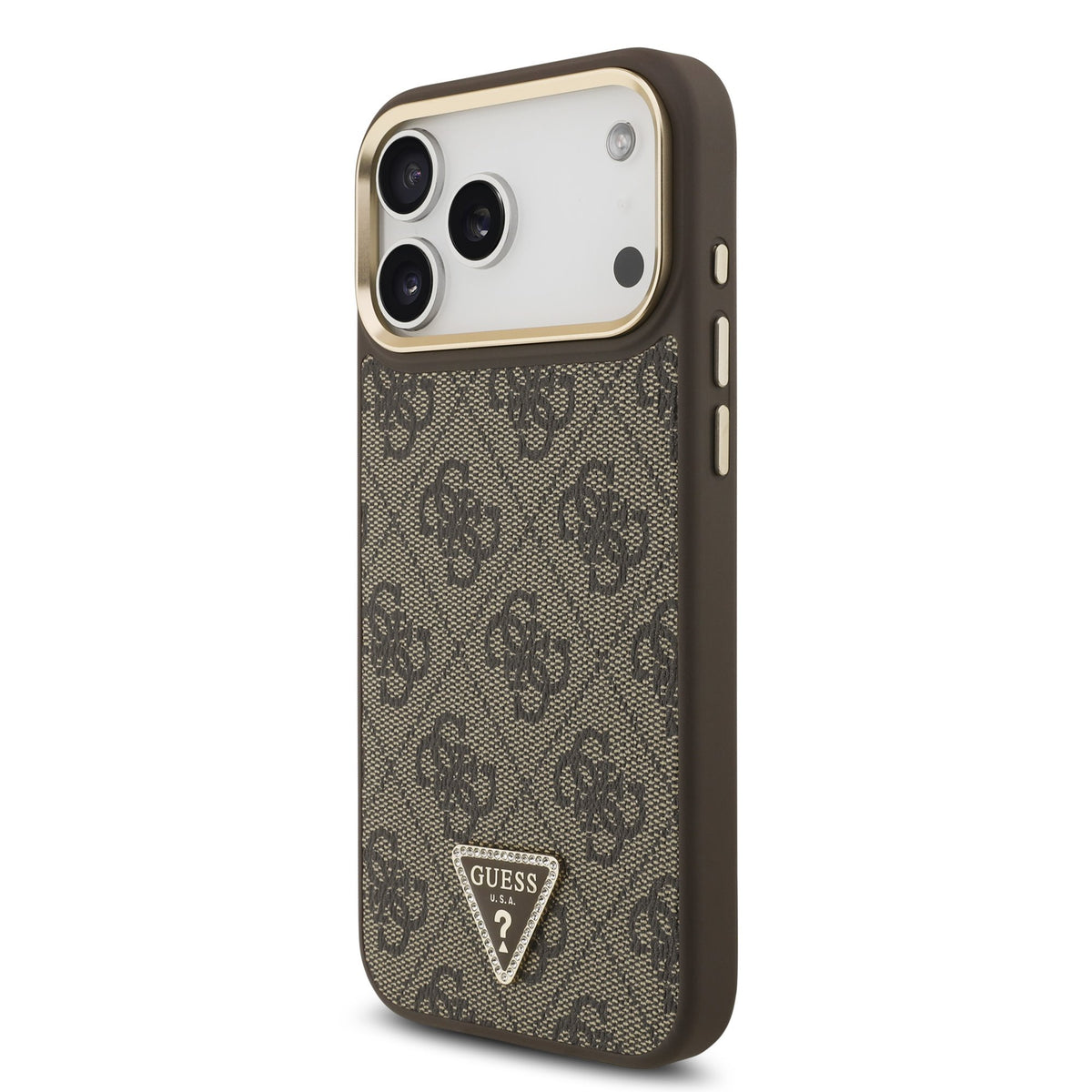Guess PU Leather 4G Strass Triangle Logo Goud Frame MagSafe Case iPhone 17 Pro Max/18 Pro Max Bruin