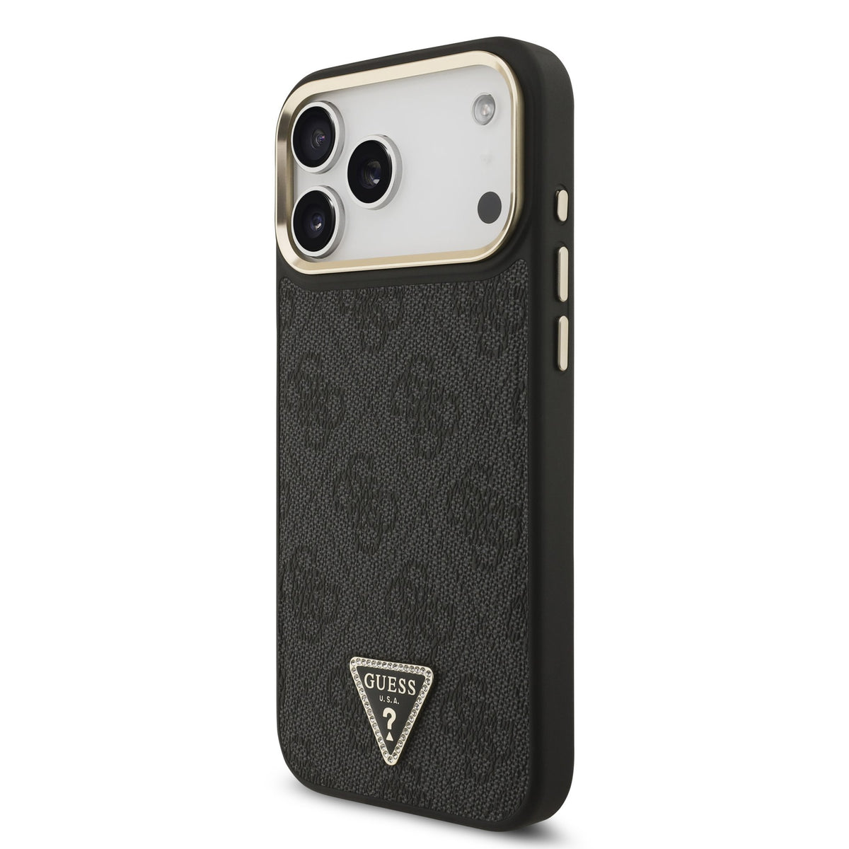 Guess PU Leather 4G Strass Triangle Logo Goud Frame MagSafe Case iPhone 17 Pro Max/18 Pro Max Zwart