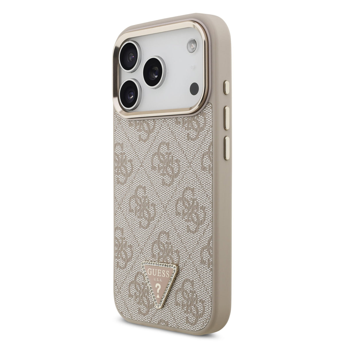 Guess PU Leather 4G Strass Triangle Logo Goud Frame MagSafe Case iPhone 17 Pro/18 Pro Roze