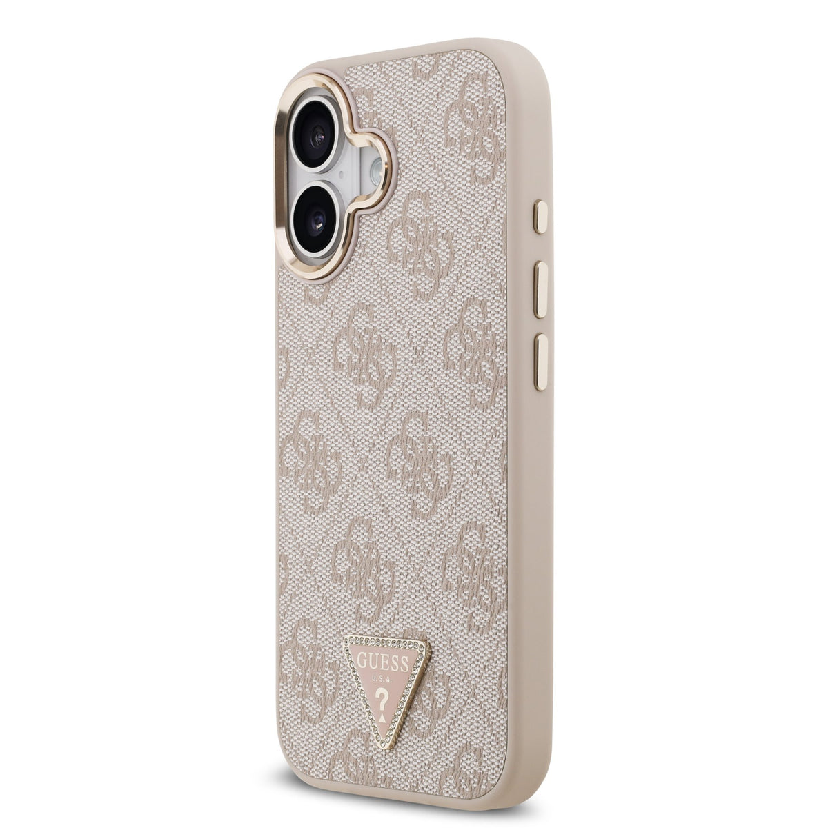 Guess PU Leather 4G Strass Triangle Logo Goud Frame MagSafe Case iPhone 17 Roze