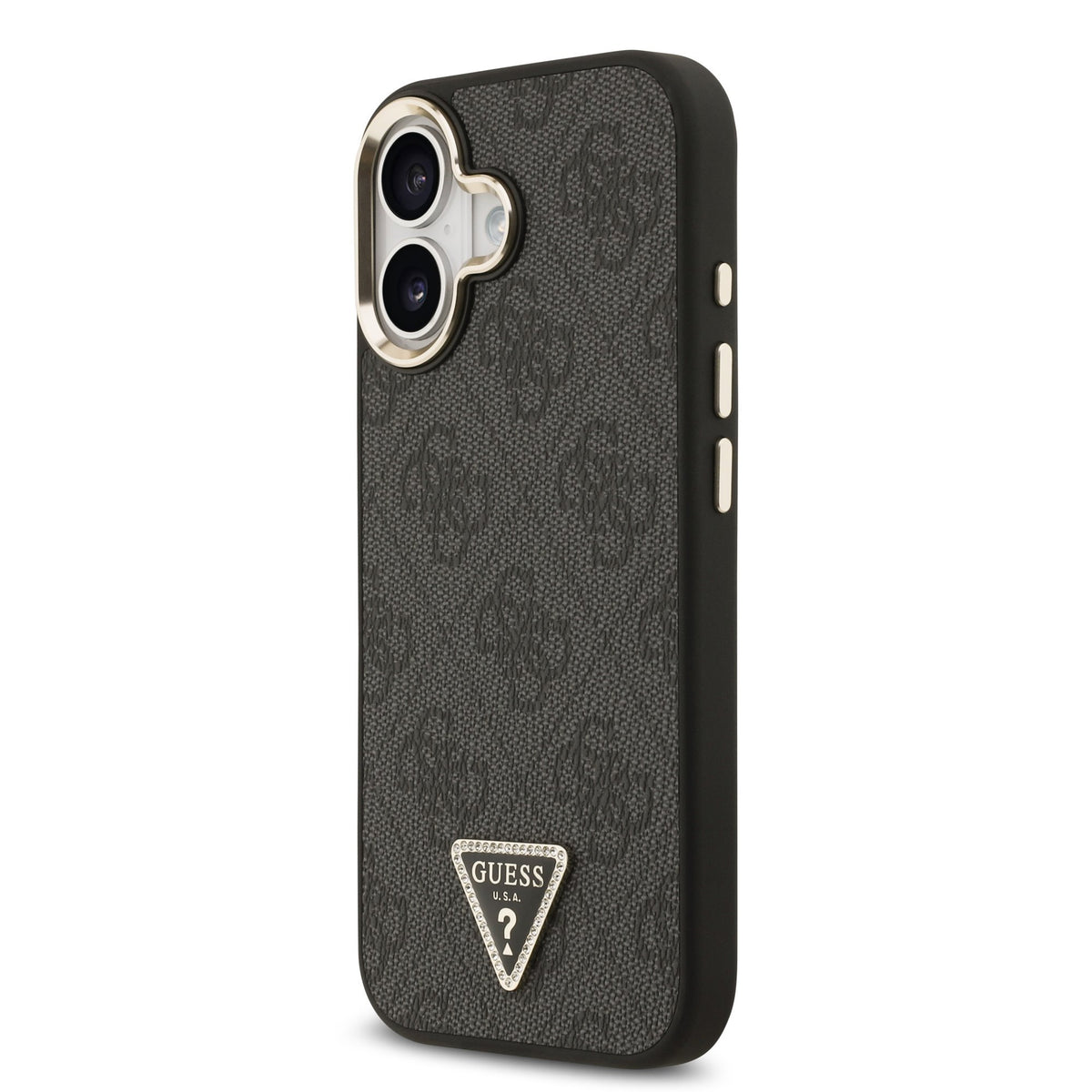 Guess PU Leather 4G Strass Triangle Logo Goud Frame MagSafe Case iPhone 17 Zwart