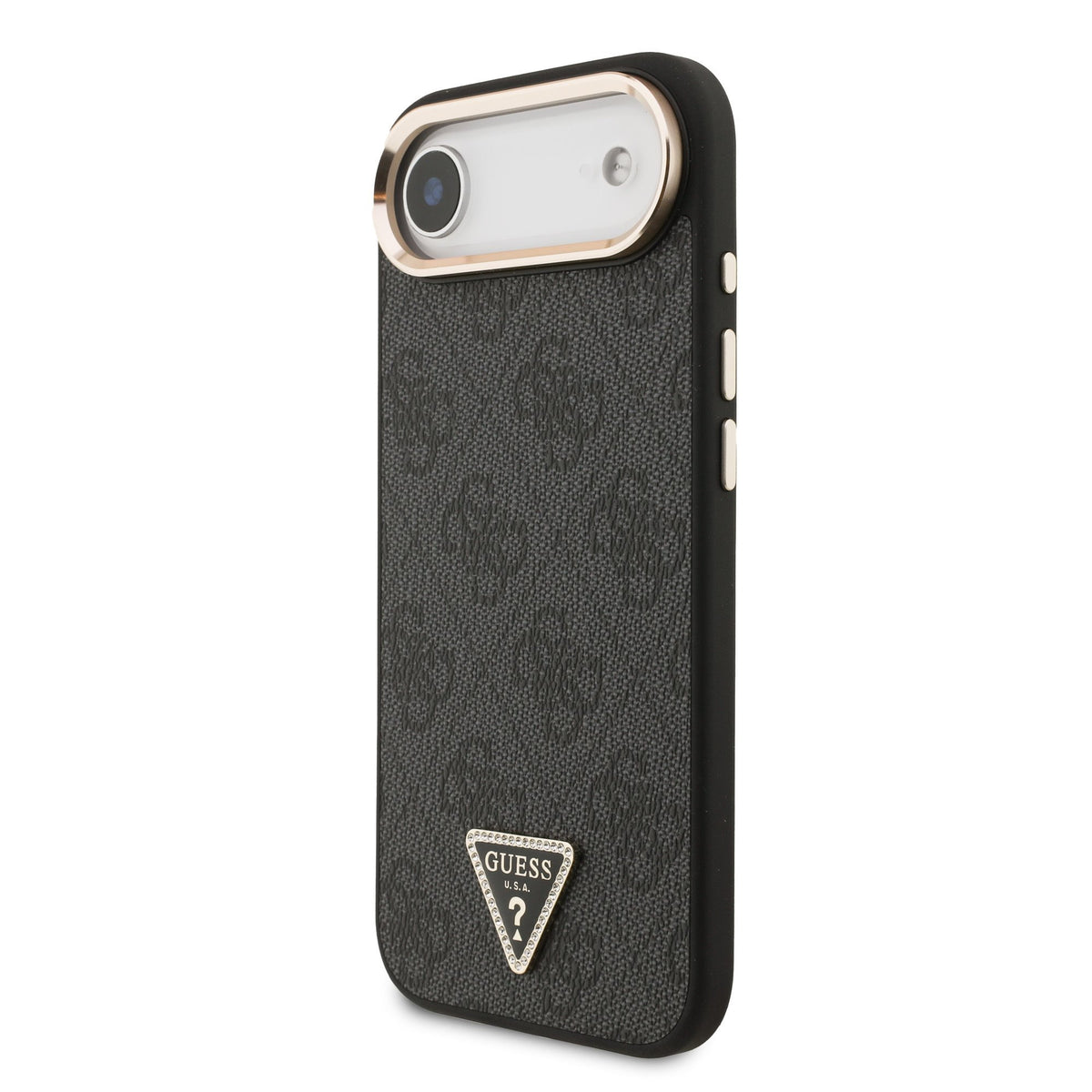 Guess PU Leather 4G Strass Triangle Logo Goud Frame MagSafe Case iPhone 17 Air Zwart